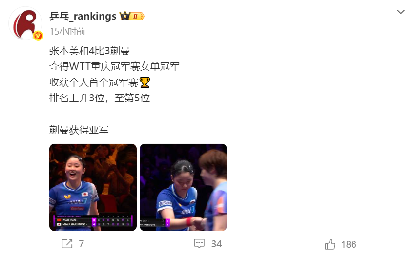 开云网页-17岁张本首冠创历史！世排升第五超蒯曼 日媒：离世界女王更近了